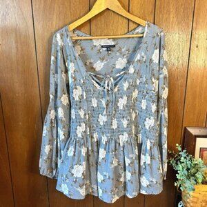 American Eagle Floral Smocked Blouse Top Womens XL Long Sleeve Bohemian Peasant